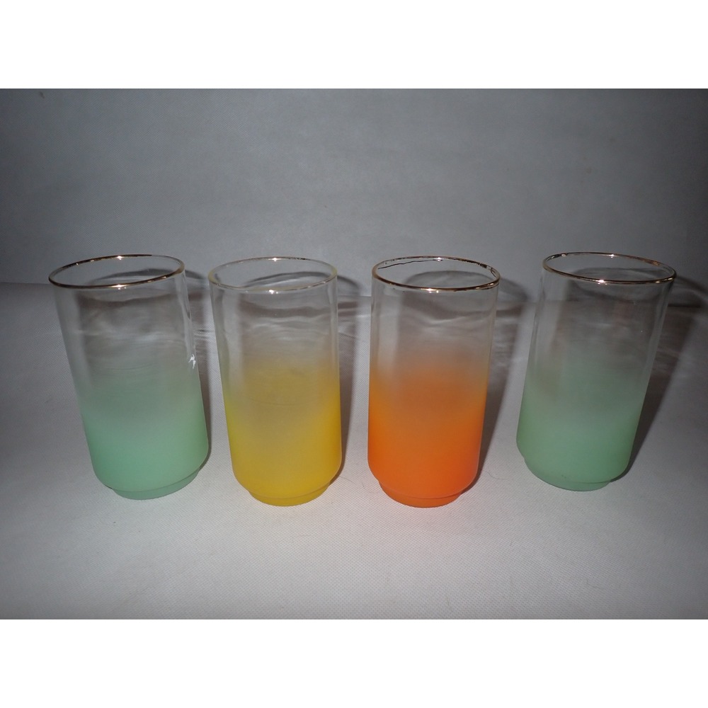 Vintage Frosted Ombre Glass Pitcher and 4 Tumbler Set Gold Rim Multi Color 5pc - Picture 13 of 15